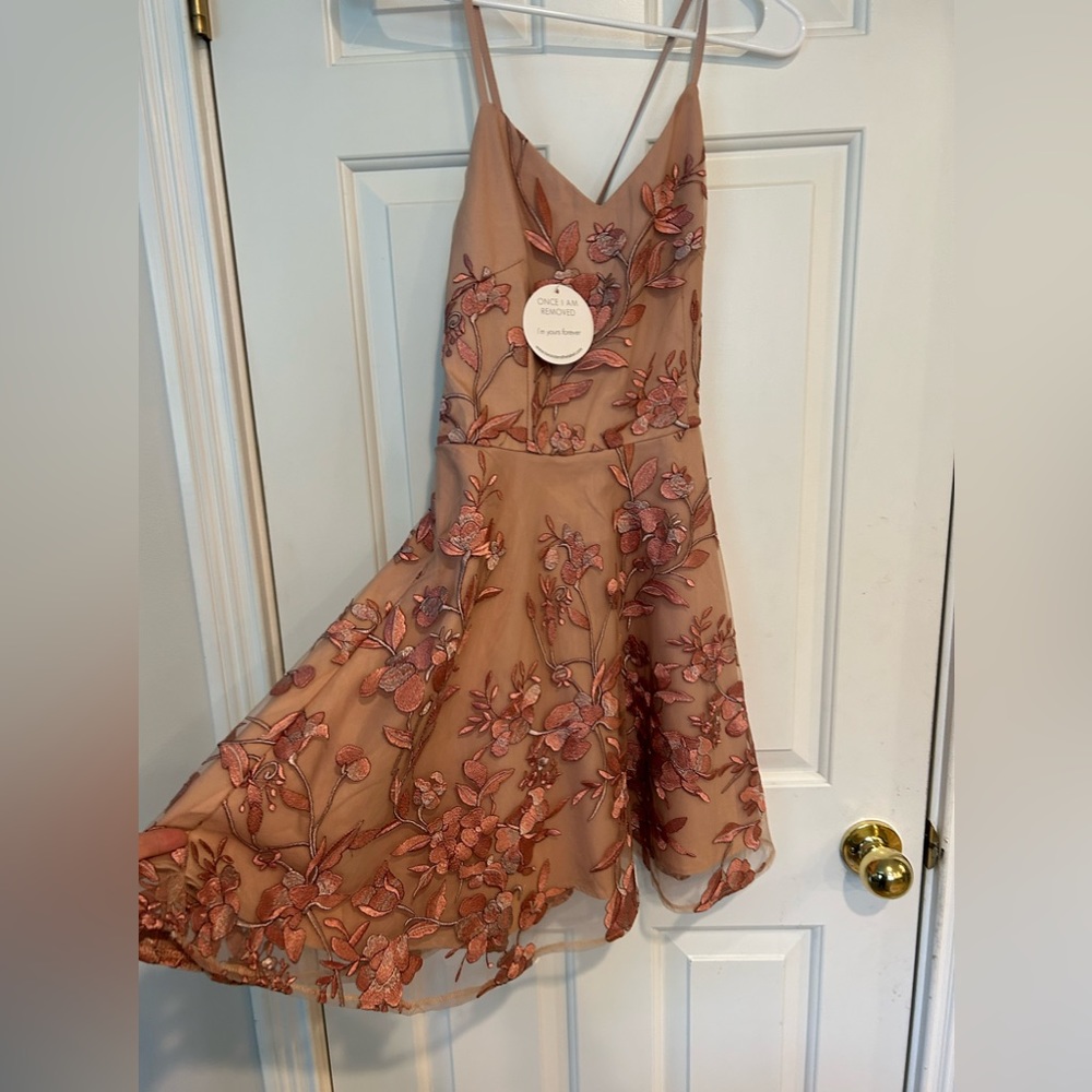 Two Sisters NEW sassy pink beautiful embroidered overlay short dress, SM